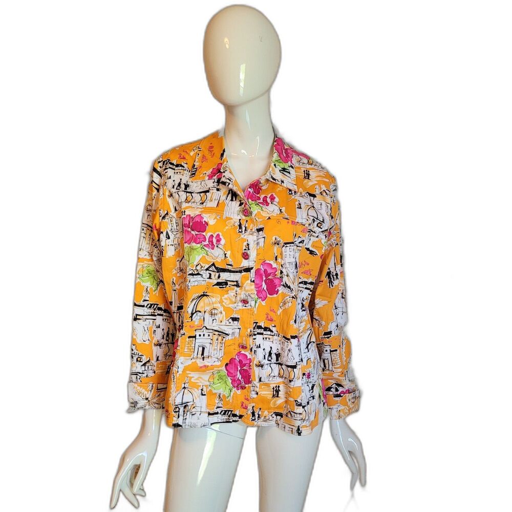 Susan Graver Style Womens Jacket orange pink flowers sketch art vacation bling M